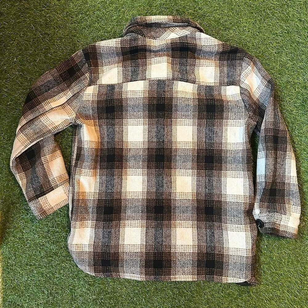 Miss Selfie Plaid Shacket Jacket Medium Brown Cream Button Up Overshirt